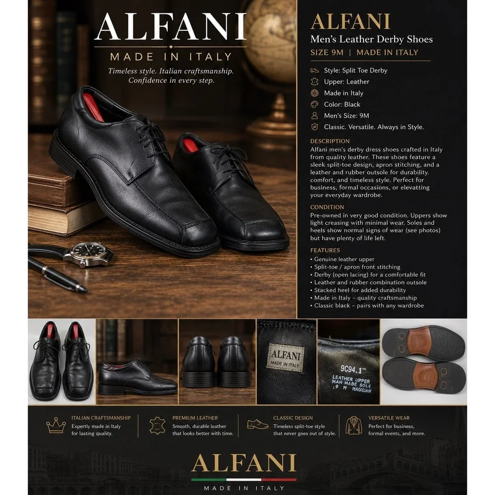 Alfani Men's Black Leather Derby Dress Shoes Size 9M Made in Italy Split Toe